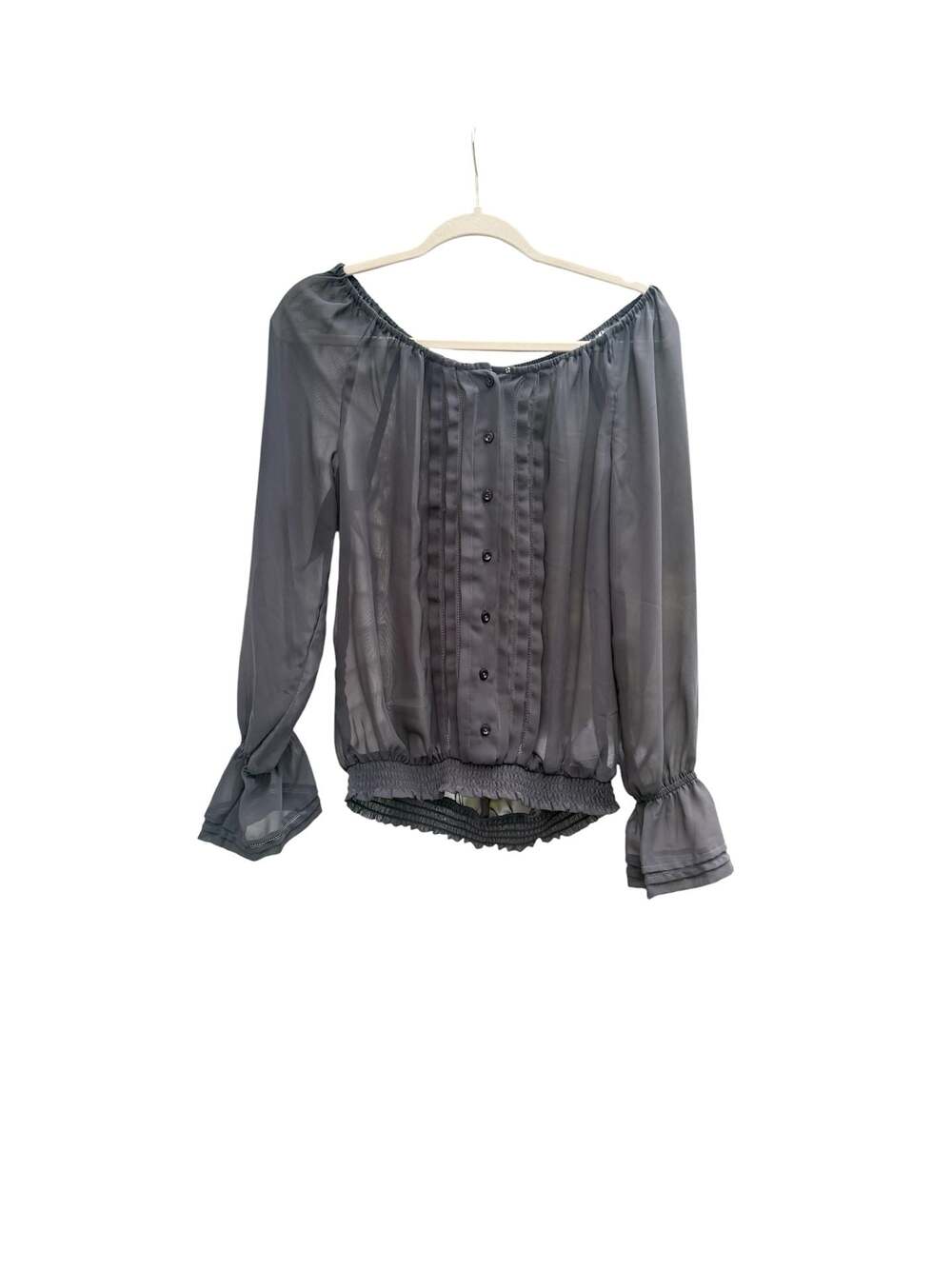 Andrew Charles Sheer Long Sleeve Button-Down Blouse with Smocked Waist